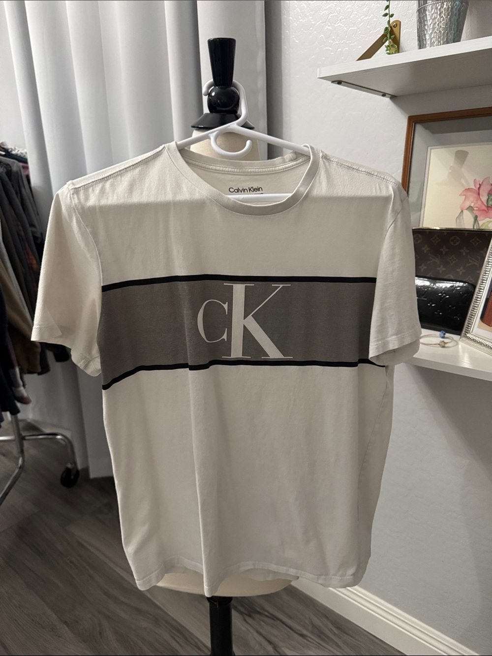 Calvin Klein White T-Shirt with Gray CK Stripe Small